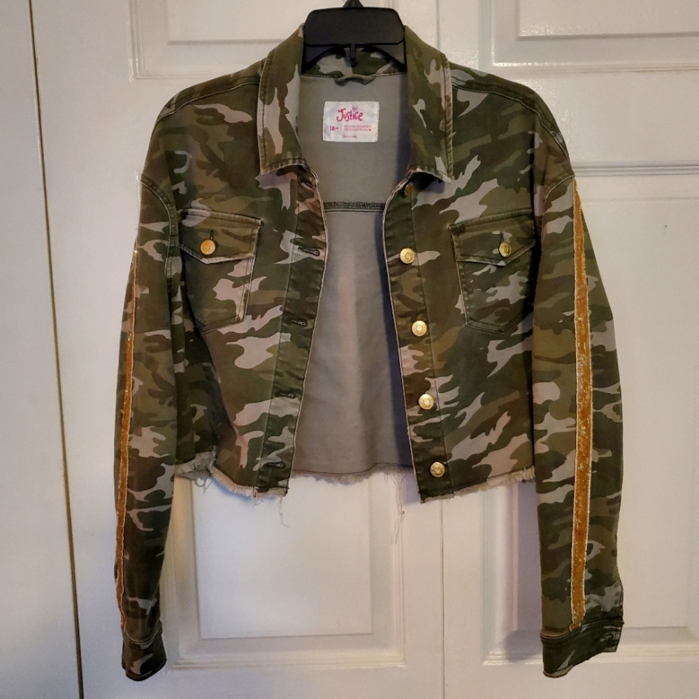 Justice Camo Cut Off Denim Jacket with Gold Sequined Sleeves size 18 plus